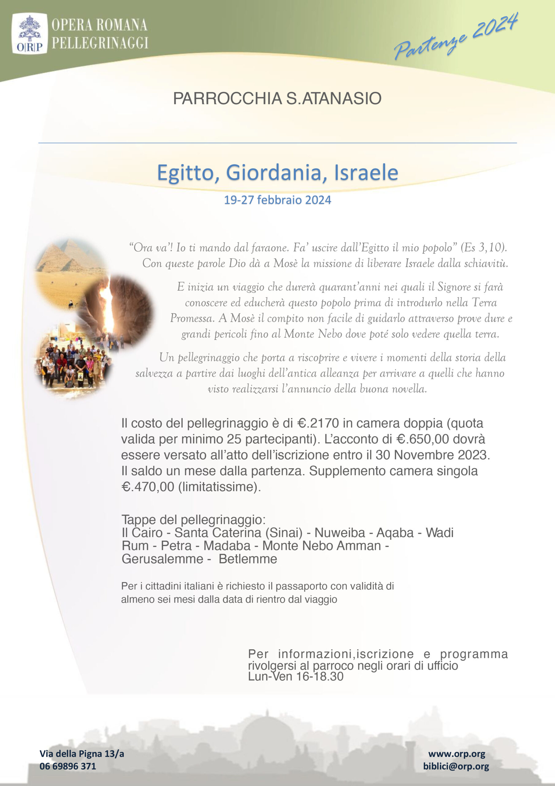 Pellegrinaggio Egitto, Giordania e Israele 19-27 febbraio 2024