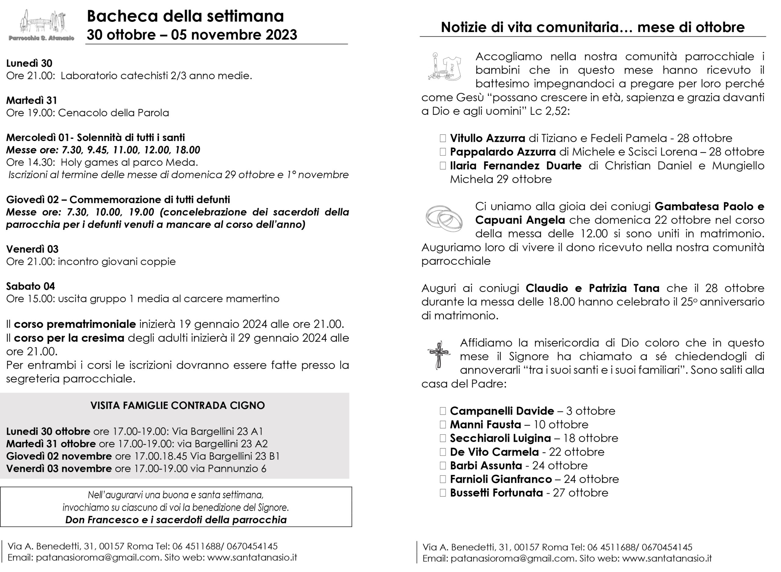 Bacheca 30 ottobre – 5 novembre 2023
