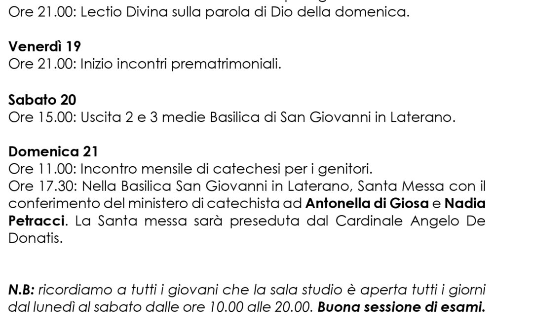 Bacheca 15 – 21 gennaio 2024
