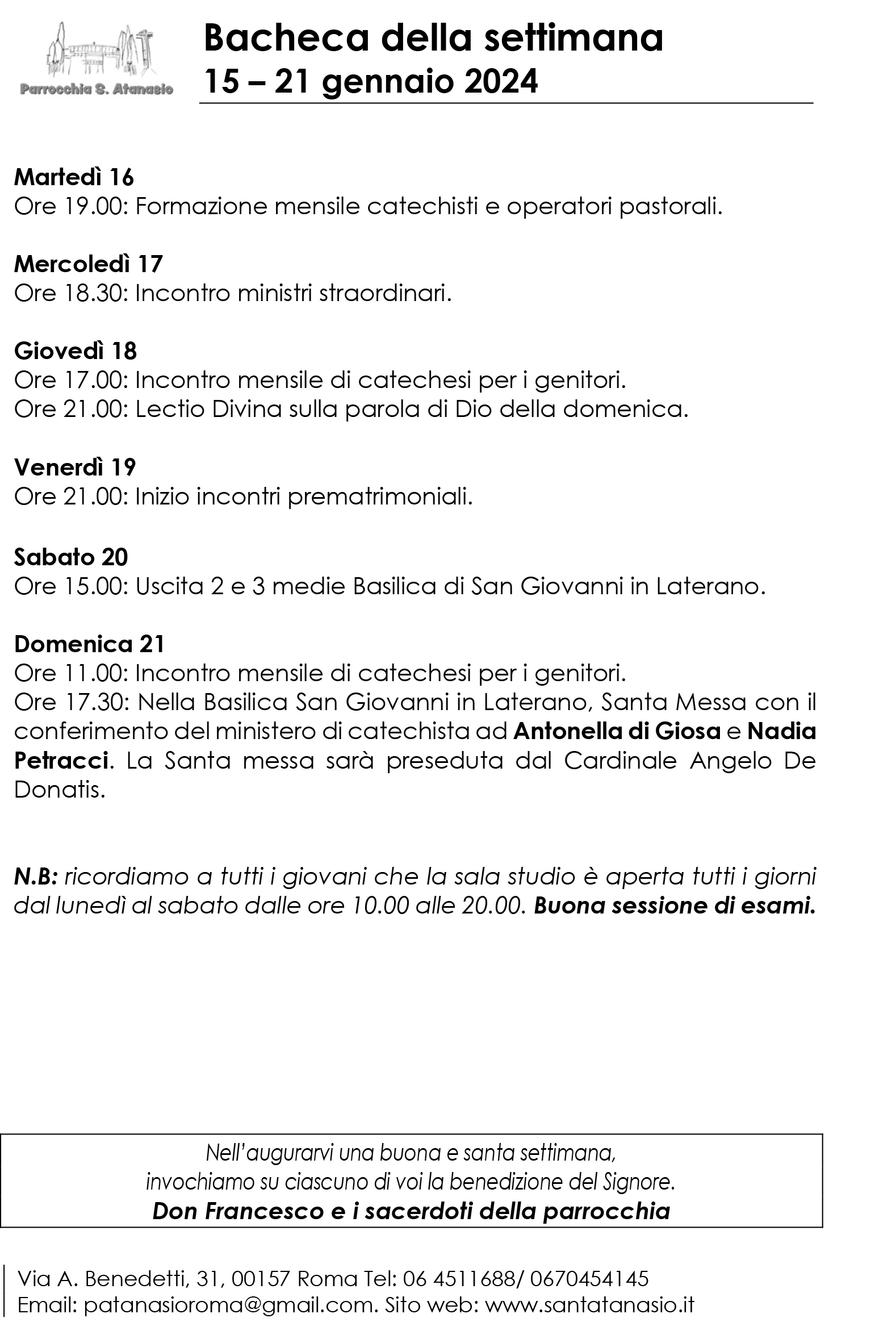 Bacheca 15 – 21 gennaio 2024