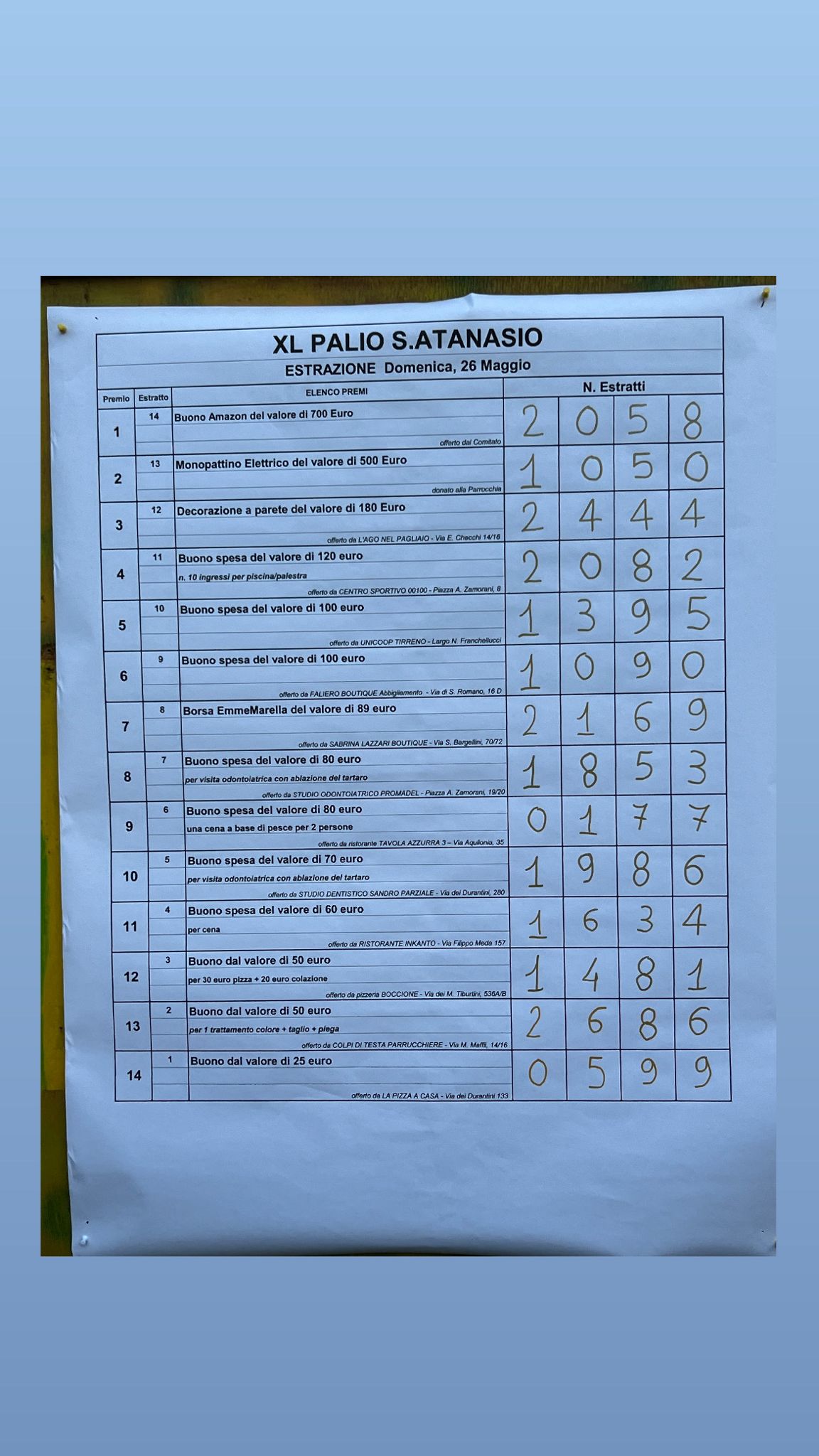 Risultati estrazione XL Palio S.Atanasio 26 maggio