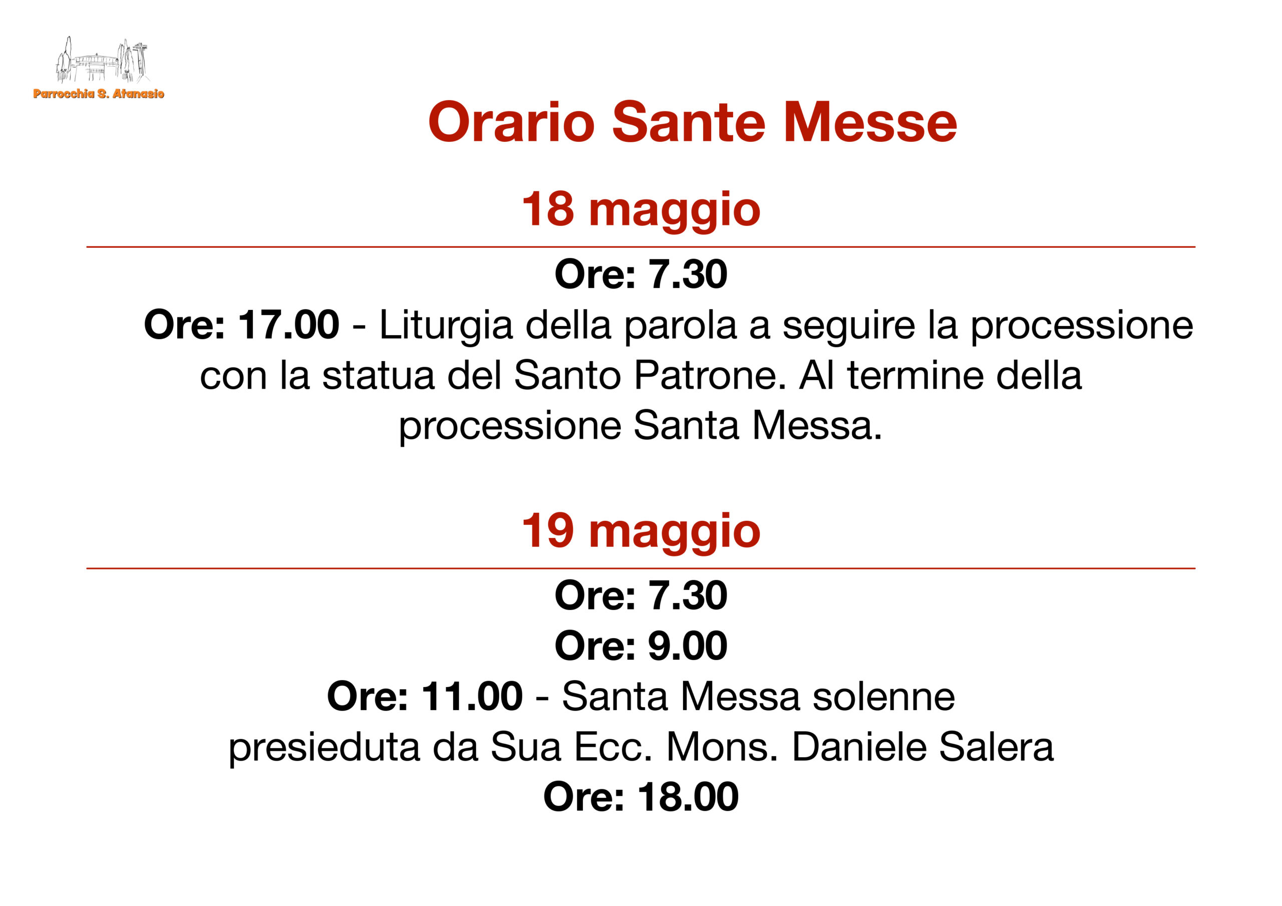Aggiornamento Orari Sante Messe 18 e 19 maggio 2024