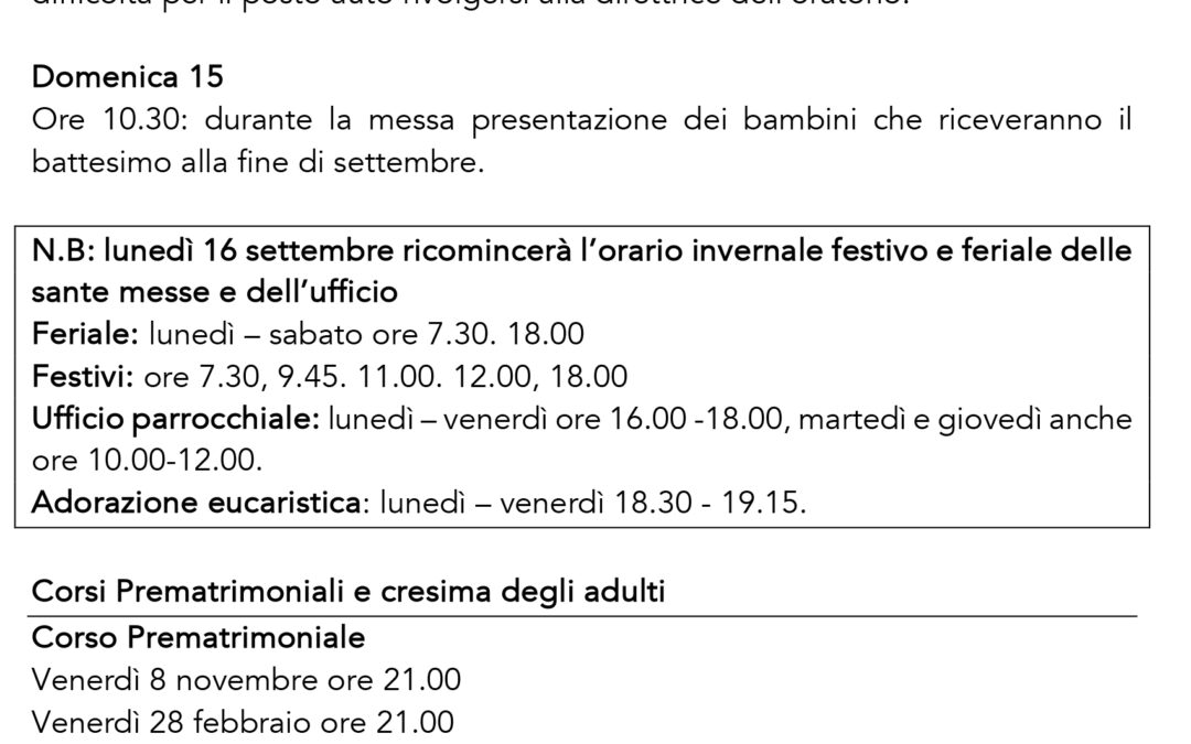 Bacheca 9 – 15 settembre 2024