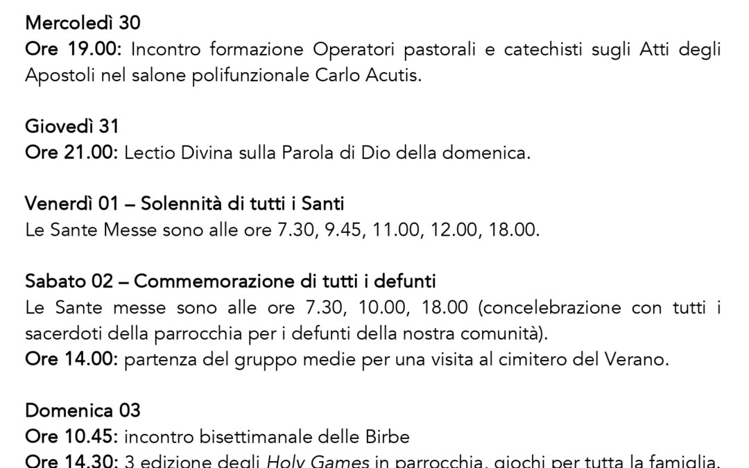 Bacheca 28 ottobre – 03 novembre 2024
