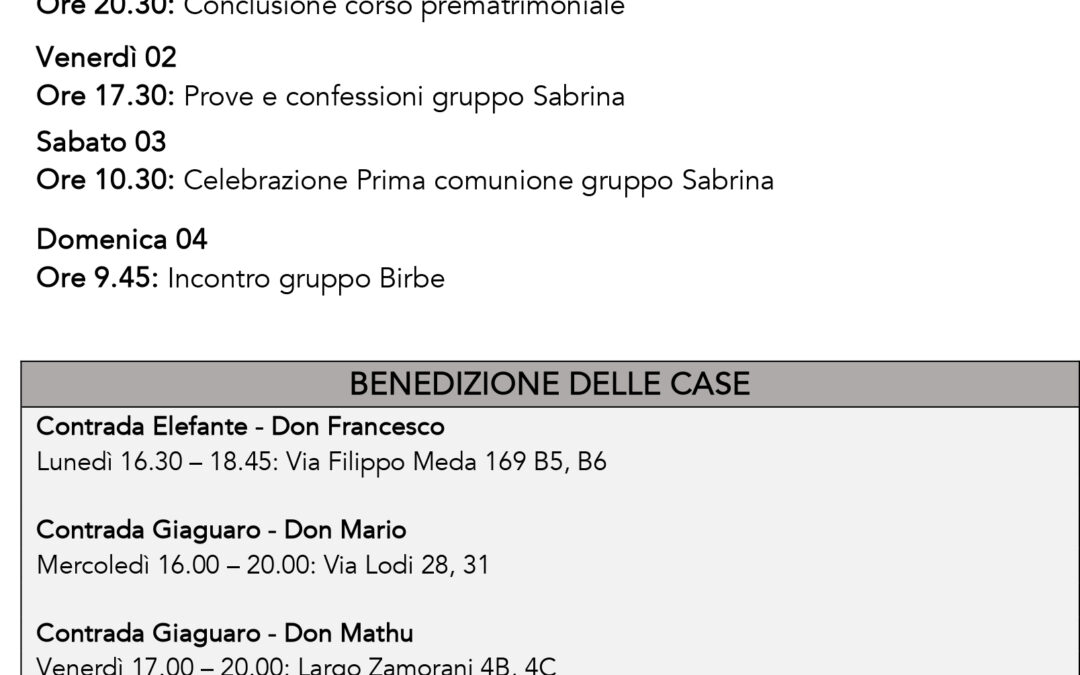 Bacheca 28 aprile – 4 maggio 2025