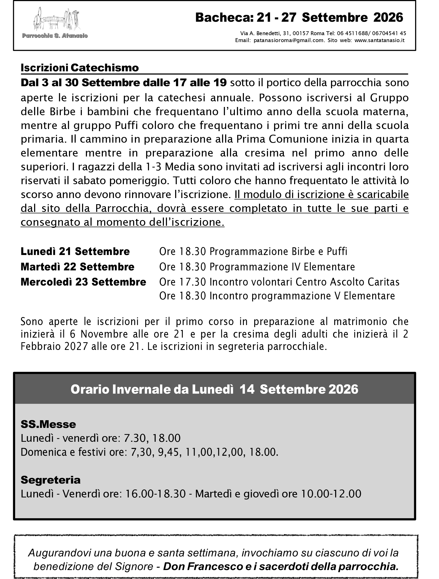 Bacheca 21 – 27 settembre 2026