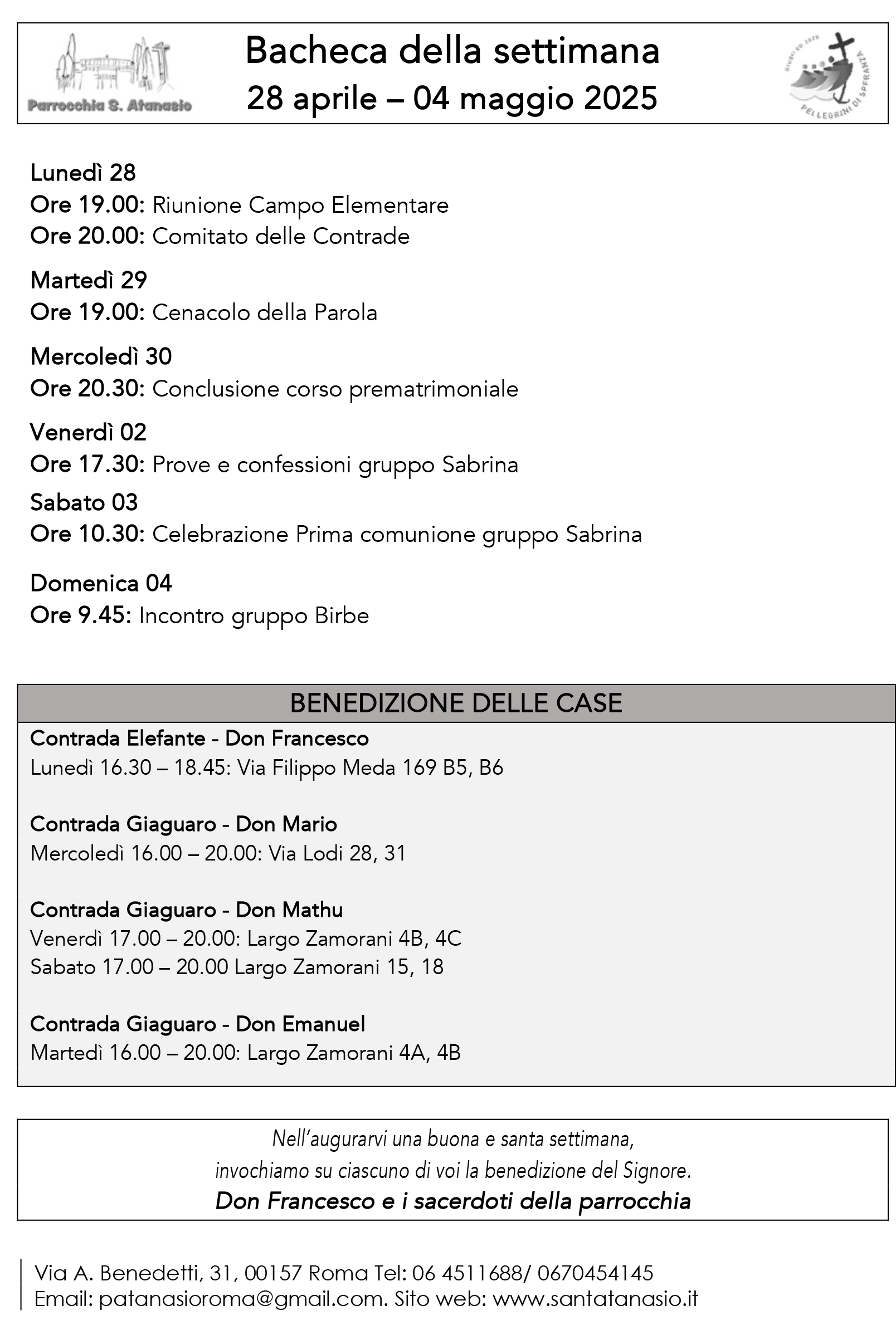 Bacheca 28 aprile – 4 maggio 2025