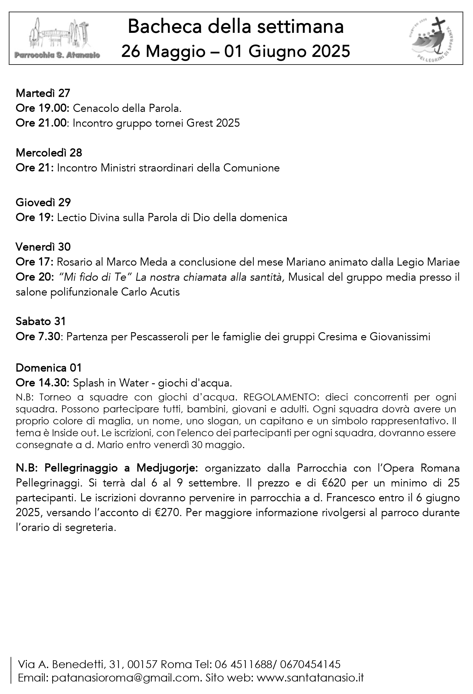 Bacheca 26 maggio – 1 giugno 2025